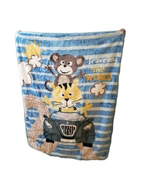 Blue Striped Kids Animal Travel Blanket - Unbranded